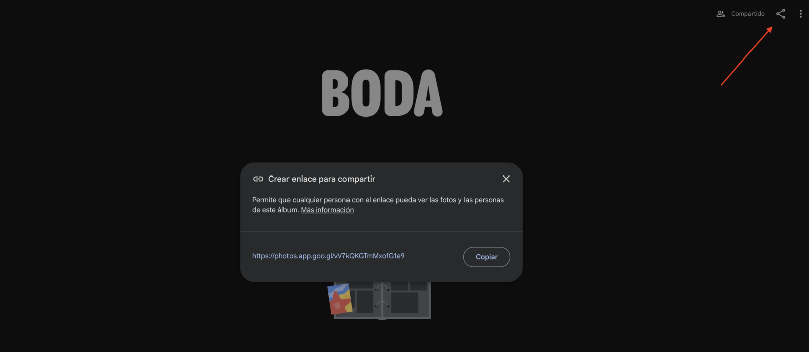 Crear y copiar el enlace para compartir el álbum